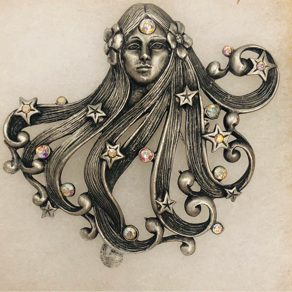 JJ Jonette Jewlery Pewter AB Rhinestone Goddess Asteria Brooch - Picture 12 of 16